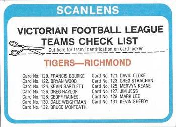 1979 Scanlens VFL - Team Checklists #NNO Checklist: 120-132 Front